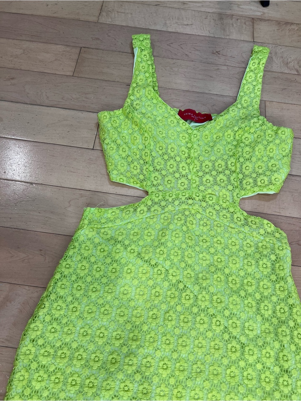 Akira Chicago Red Label Women's Medium Neon Lime Green Floral Lace Cutout Sheath - Picture 8 of 13